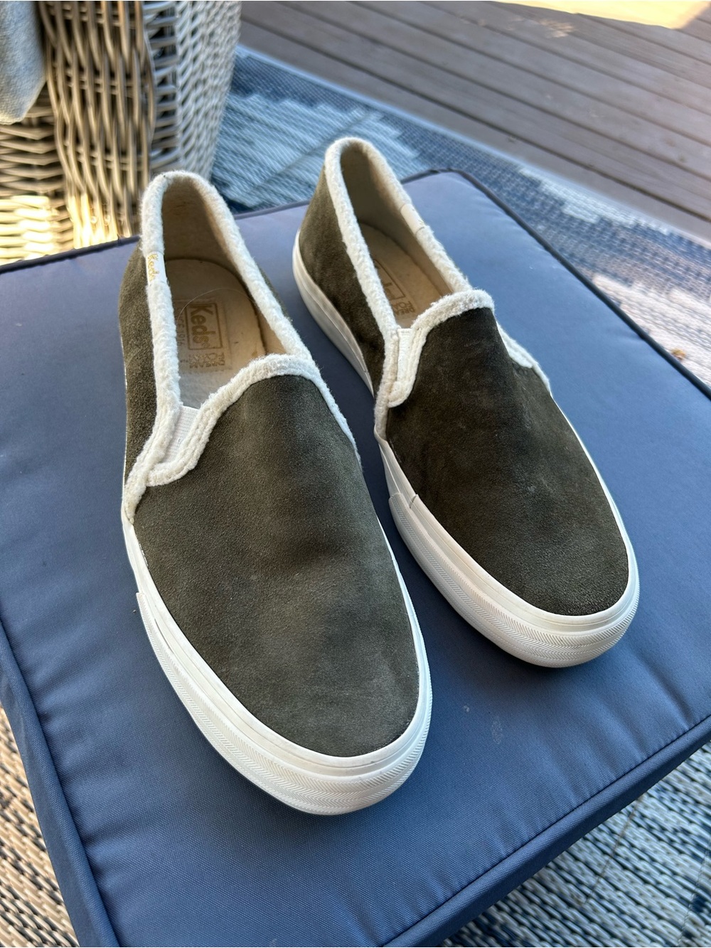 Keds Women’s Double Decker Olive Suede Faux Shearling Slip-On Sneaker